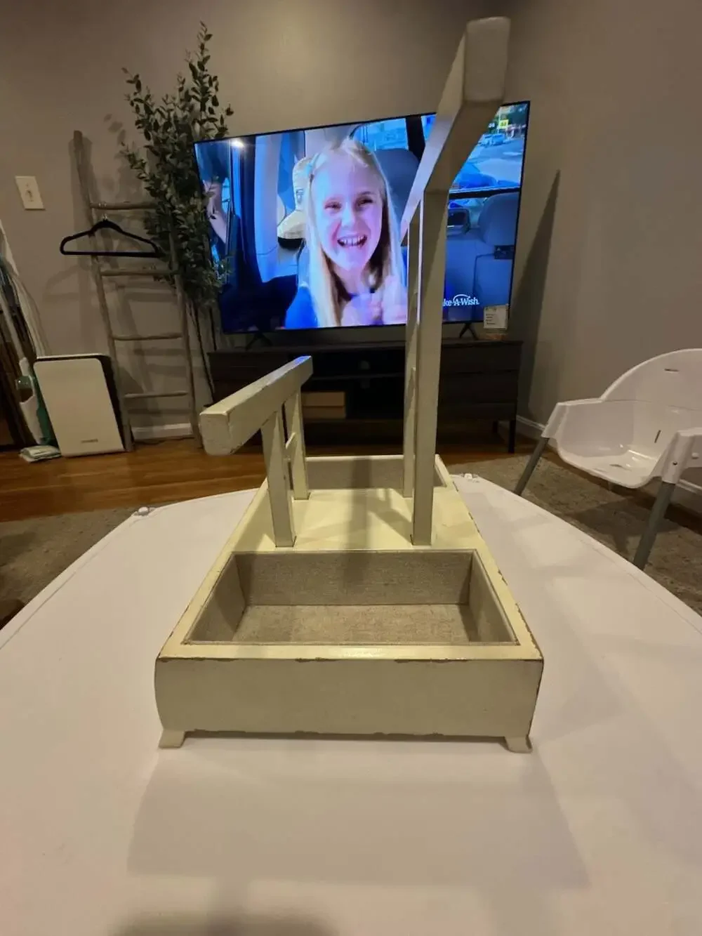 Distressed White Wood Jewelry Stand Organizer with Trays and Drawer